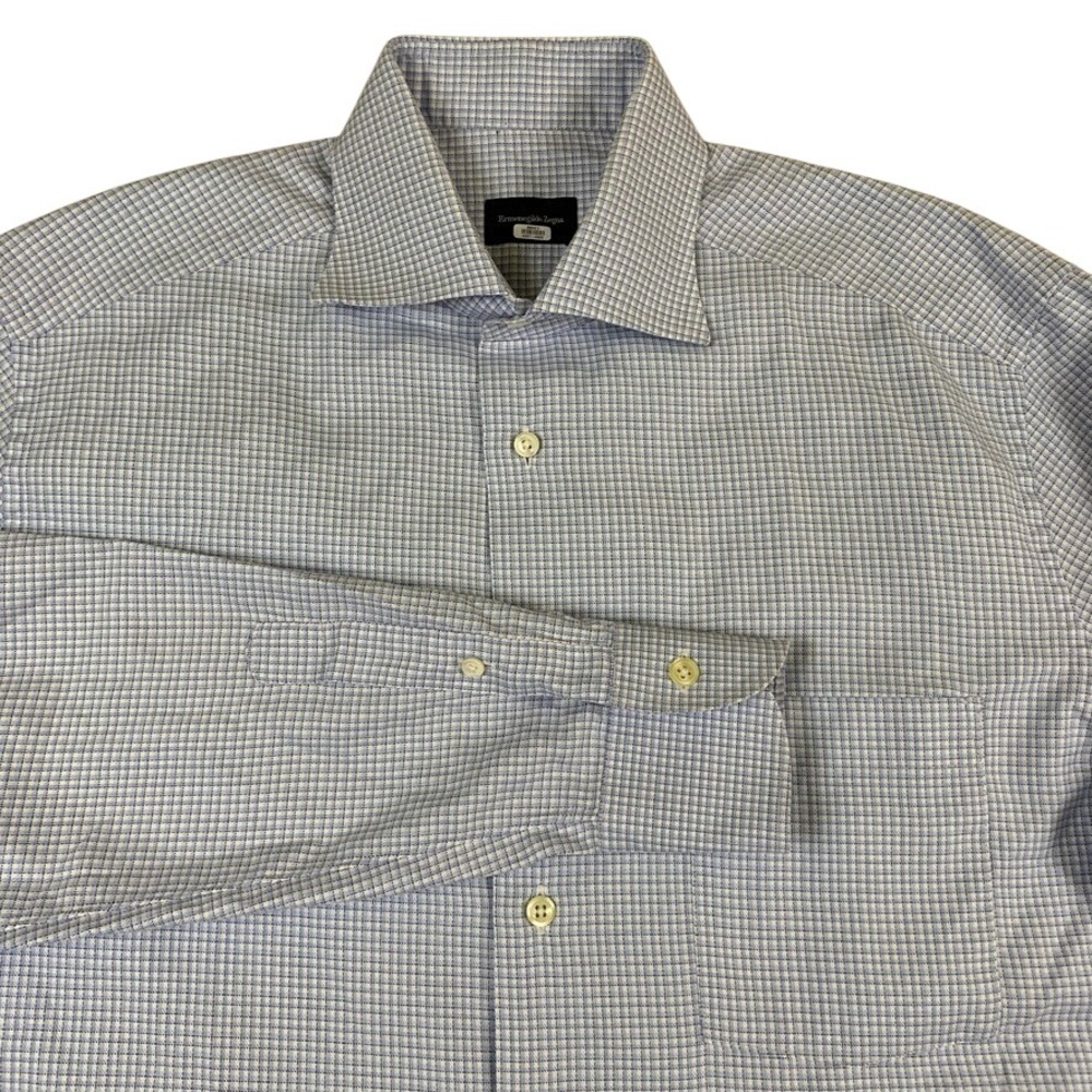 Ermenegildo Zegna Mens Blue White Micro Check Dress Shirt Spread Collar XL Italy